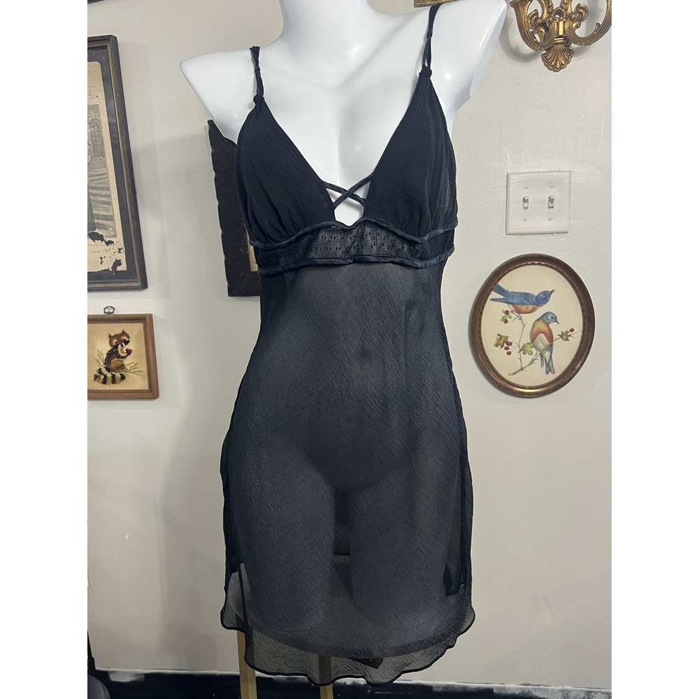 Victoria's Secret Black 100% Silk Sheer Mesh Slip Dress Lingerie Size M